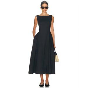 Helsa Black Stretch Cotton Satin Midi Dress Size L